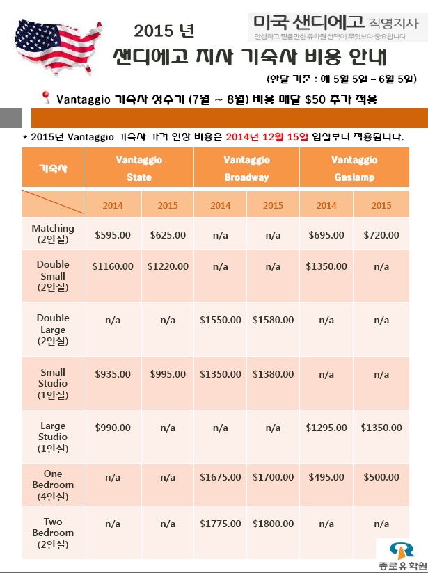 [샌디에고] 2015년 샌디에고 반타지오 기숙사 가격안내 