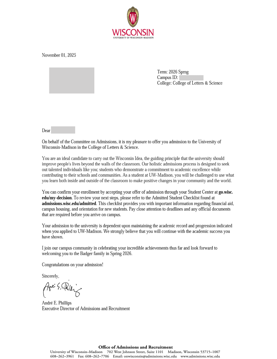 종로유학원ㅣ위스콘신 메디슨 대학교 2026년 봄학기 합격레터