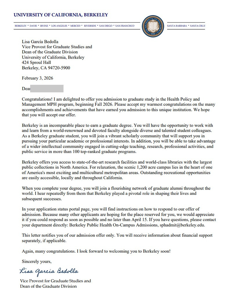 2026 가을학기 UC 버클리(UC Berkeley) 보건학 석사 MPH 합격 레터 - 종로유학원