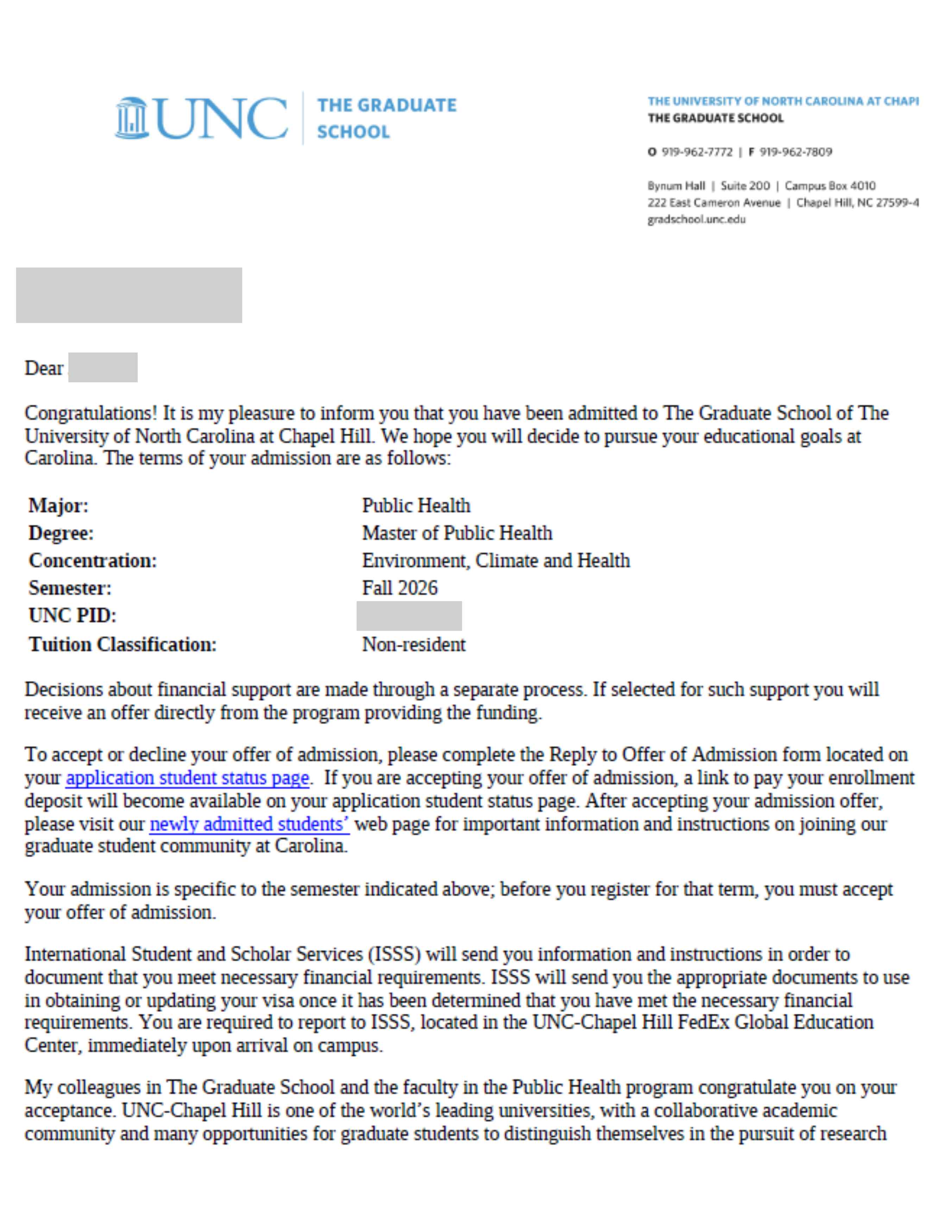 2026 가을학기 UNC 채플힐(UNC Chapel Hill) 보건학 석사 MPH 합격 레터 