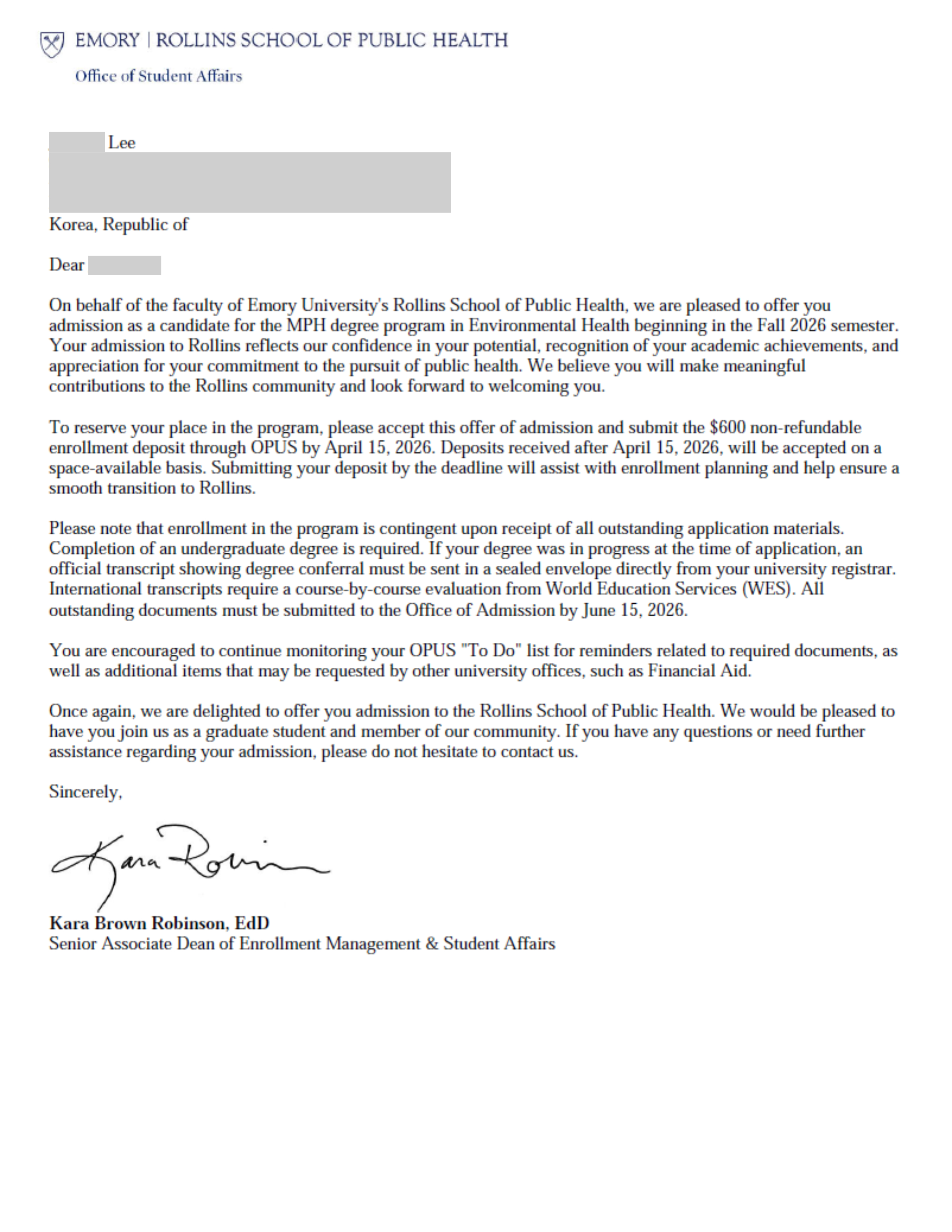 에모리 대학교 Emory University MPH 합격 레터